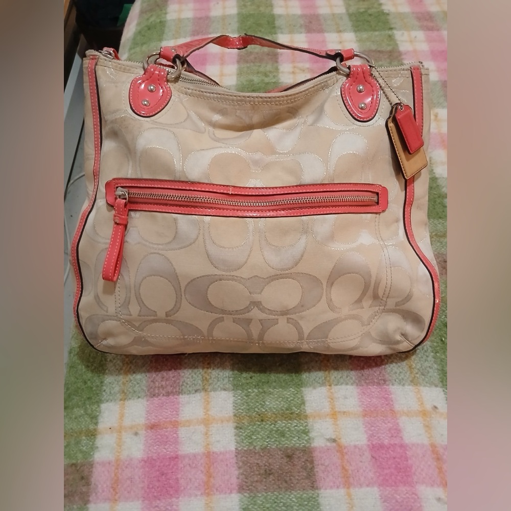 Coach Poppy Signature Metallic Outline Hallie Tote Handbag Purse